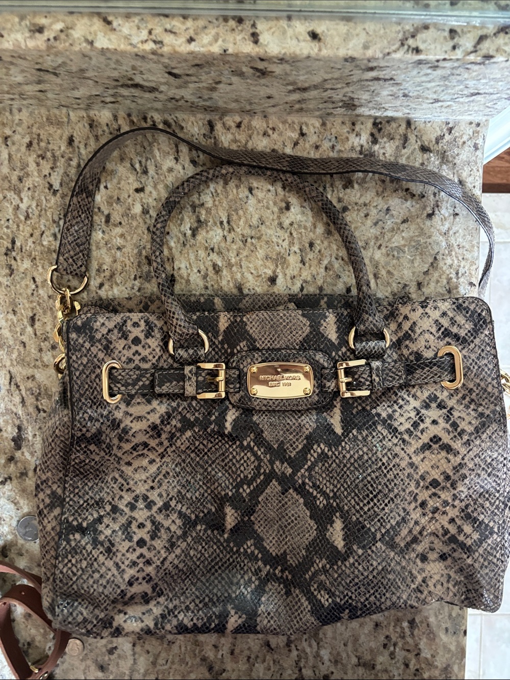 Michael Kors Brown Snake-Print Satchel with Gold Hardware